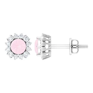 1 CT Classic Rose Quartz and Diamond Halo Stud Earrings