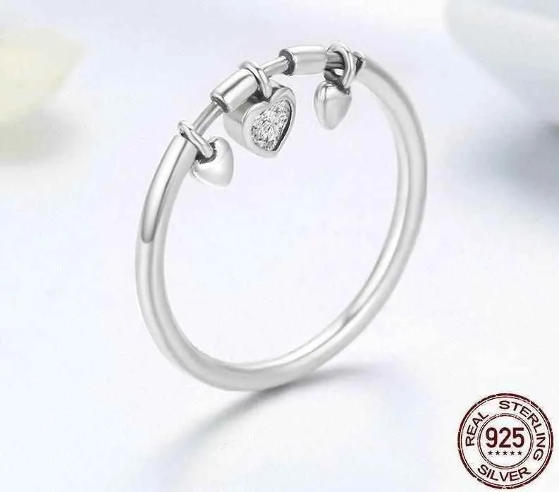 100% 925 Sterling Silver Glittering Heart Clear Finger Rings Charm Jewelry - SCR215