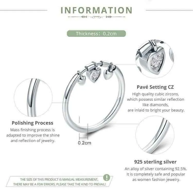 100% 925 Sterling Silver Glittering Heart Clear Finger Rings Charm Jewelry - SCR215