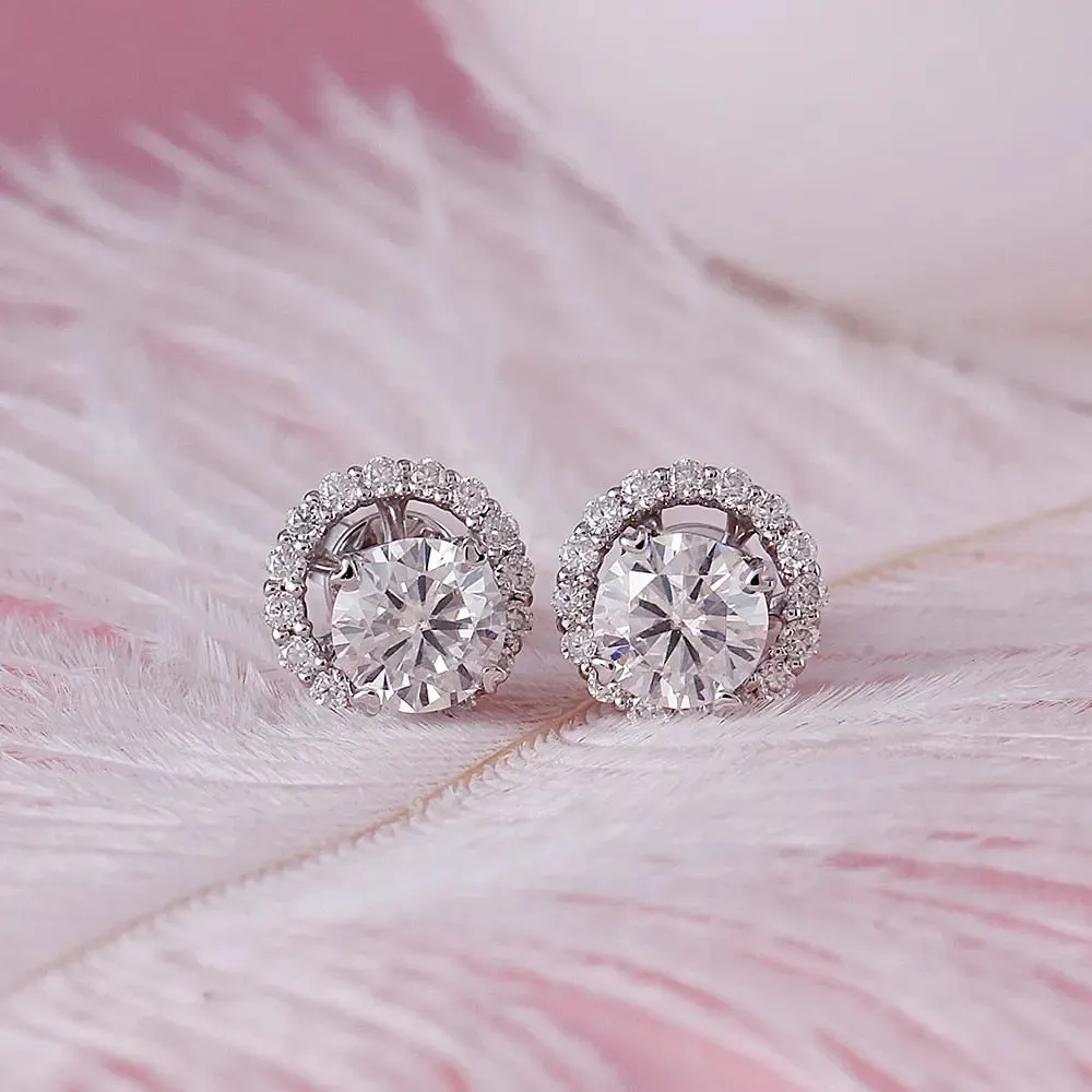 10k White Gold Halo Moissanite Stud Earrings 1.48ctw