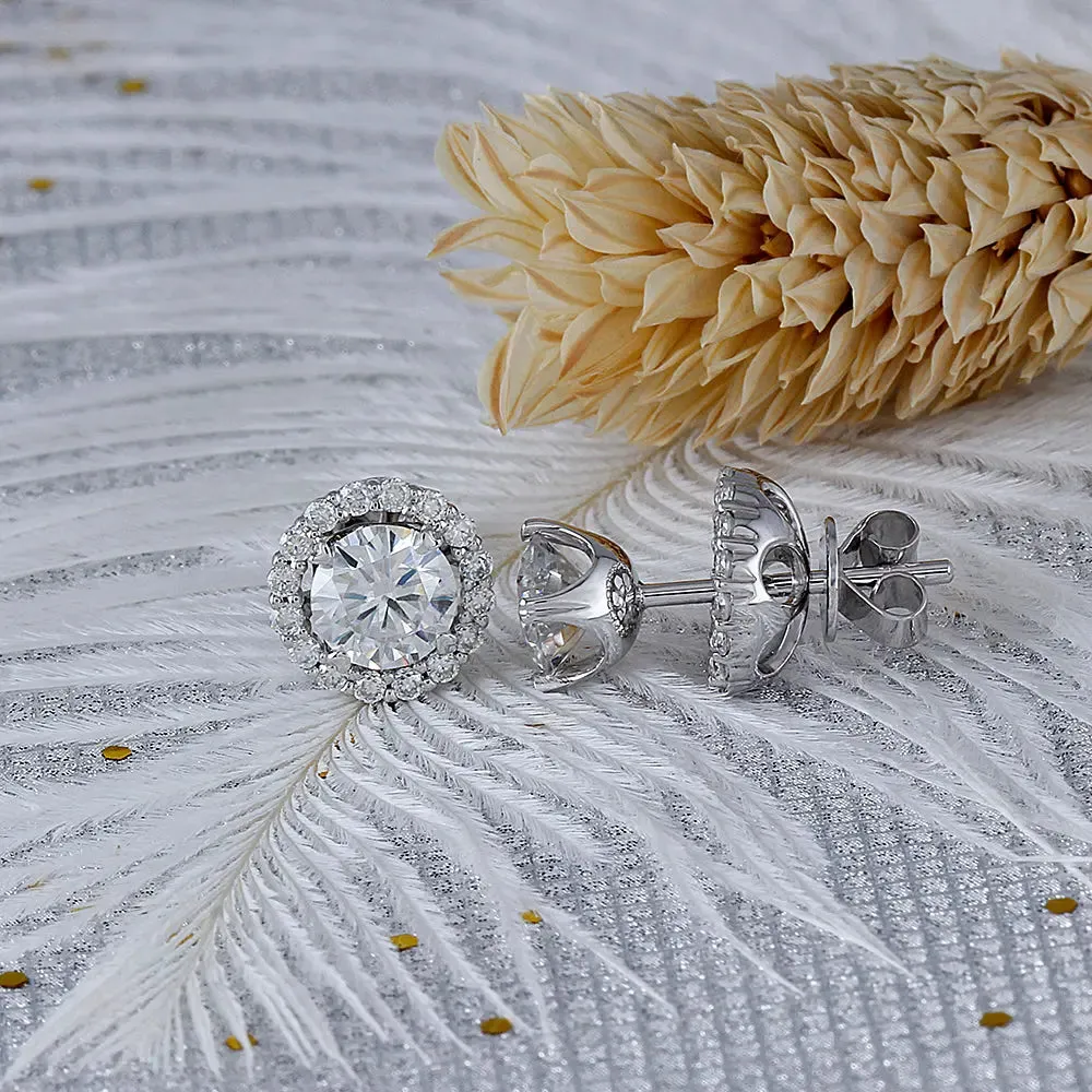 10k White Gold Halo Moissanite Stud Earrings 1.48ctw