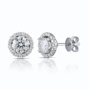 10k White Gold Halo Moissanite Stud Earrings 1.48ctw