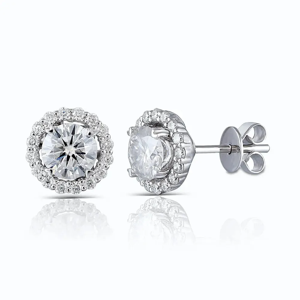 10k White Gold Halo Moissanite Stud Earrings 1.48ctw