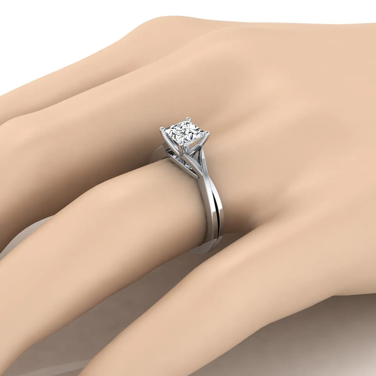 14K White Gold Princess Cut Delicate Twist Solitaire Engagement Ring