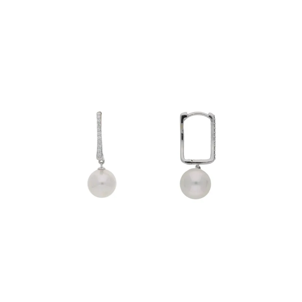 18ct White Gold Rectagular Diamond and Pearl Hoop Earrings