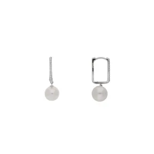 18ct White Gold Rectagular Diamond and Pearl Hoop Earrings