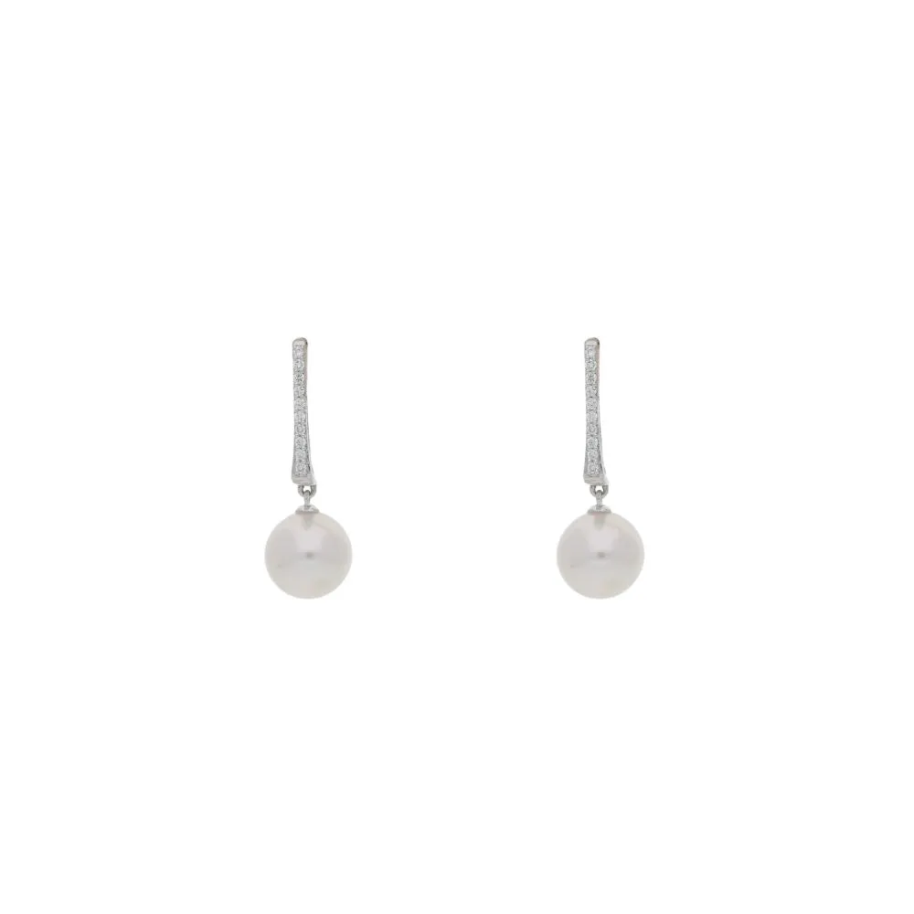 18ct White Gold Rectagular Diamond and Pearl Hoop Earrings