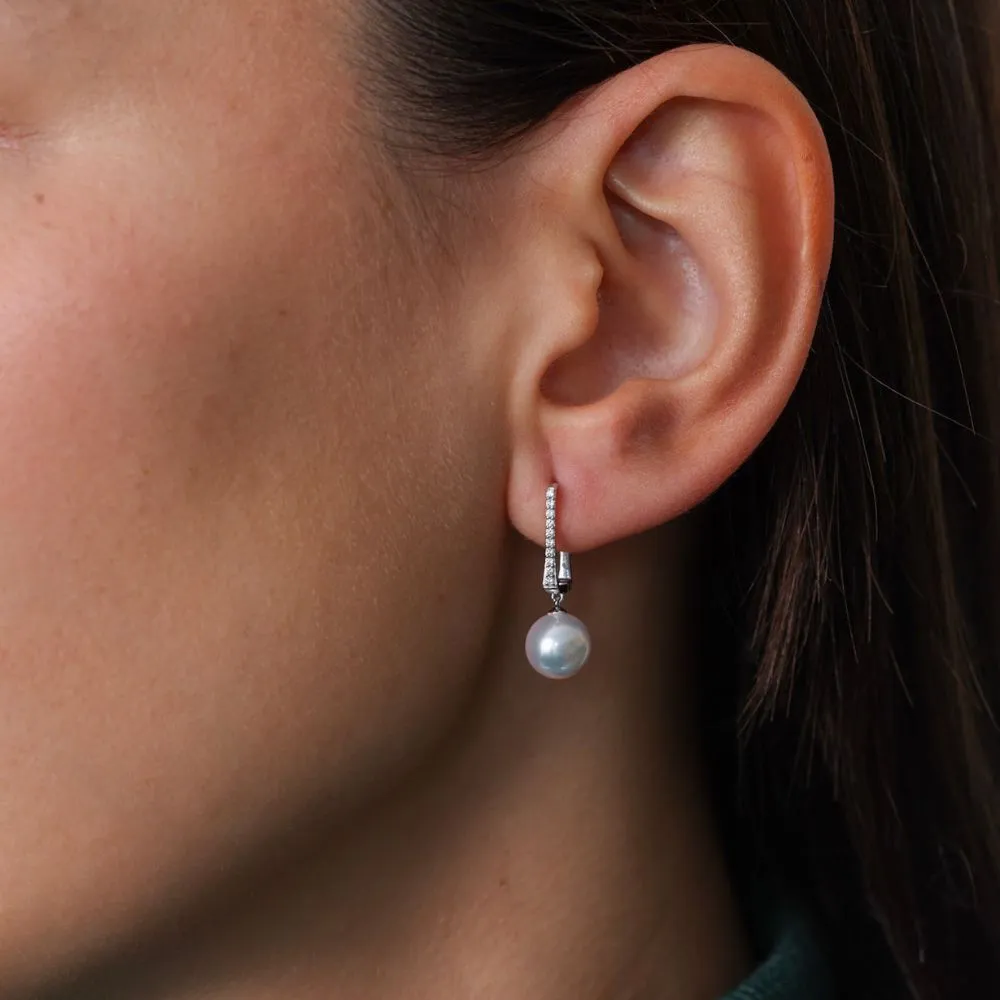 18ct White Gold Rectagular Diamond and Pearl Hoop Earrings