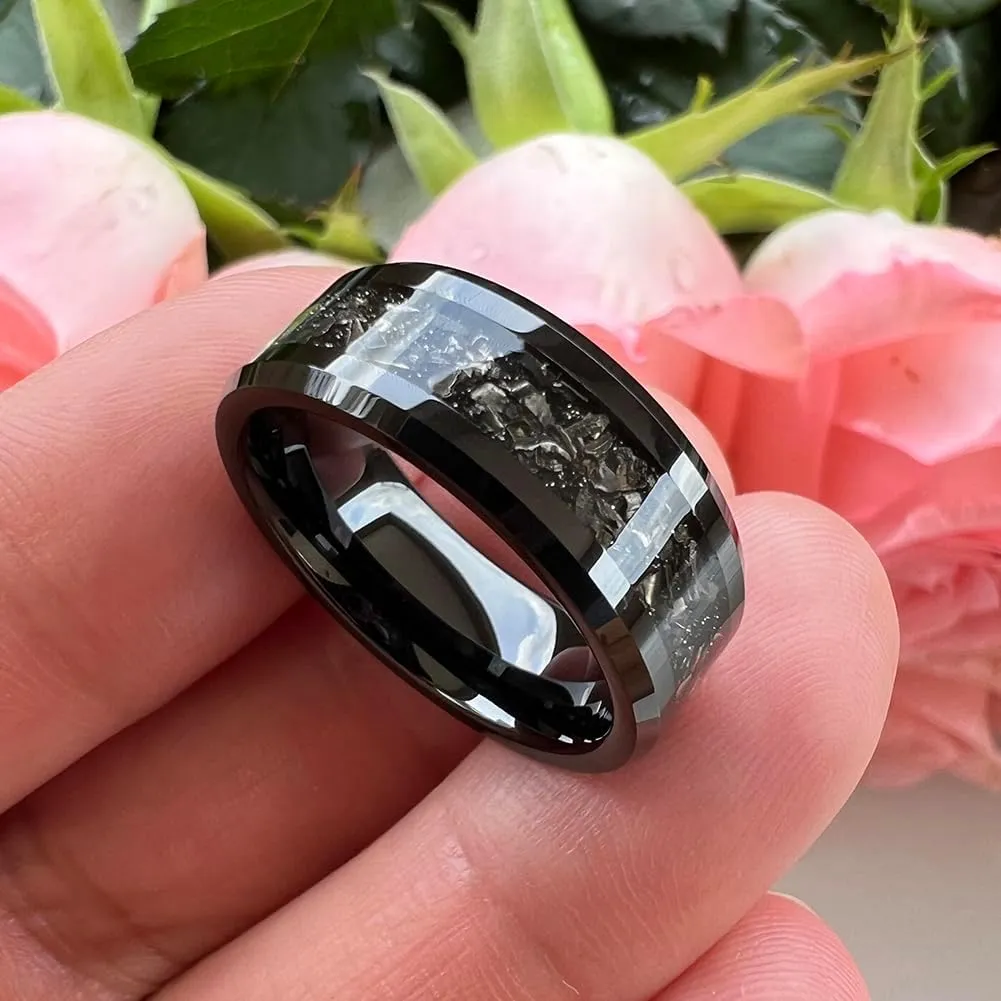 6mm 8mm Silver/Black Tungsten Rings for Men Women Meteorite Shavings Inlay Promise Engagement Wedding Bands Beveled Edges Polished Shiny Comfort Fit