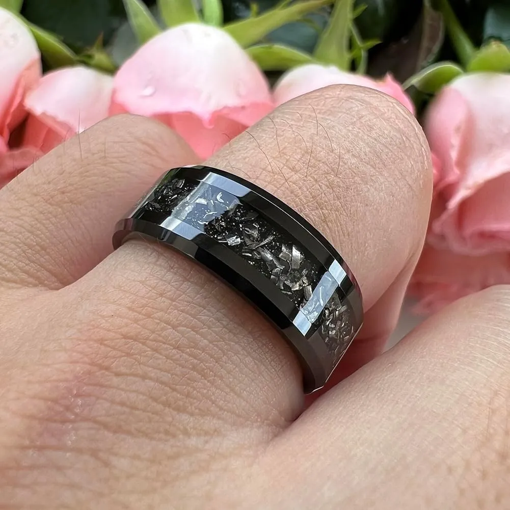 6mm 8mm Silver/Black Tungsten Rings for Men Women Meteorite Shavings Inlay Promise Engagement Wedding Bands Beveled Edges Polished Shiny Comfort Fit