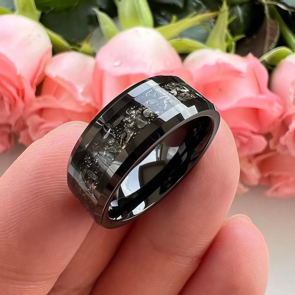 6mm 8mm Silver/Black Tungsten Rings for Men Women Meteorite Shavings Inlay Promise Engagement Wedding Bands Beveled Edges Polished Shiny Comfort Fit