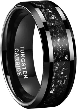 6mm 8mm Silver/Black Tungsten Rings for Men Women Meteorite Shavings Inlay Promise Engagement Wedding Bands Beveled Edges Polished Shiny Comfort Fit
