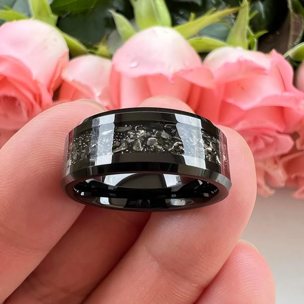 6mm 8mm Silver/Black Tungsten Rings for Men Women Meteorite Shavings Inlay Promise Engagement Wedding Bands Beveled Edges Polished Shiny Comfort Fit