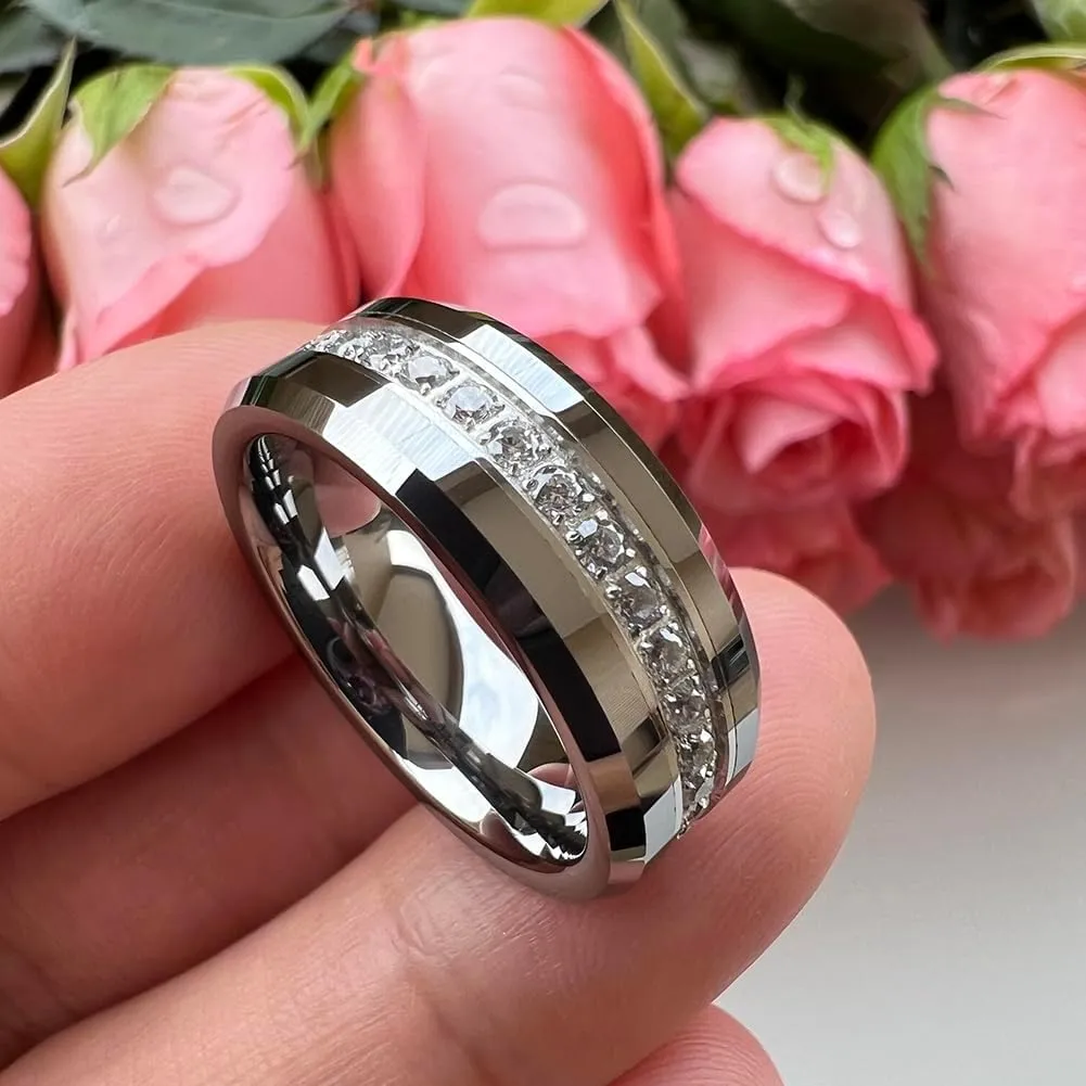 8mm Silver/Black/Gold Tungsten Rings for Men Women Couple Eternity Anniversary Engagement Wedding Bands Fashion Jewelry CZ Stone Inlay Beveled Polished Shiny Comfort Fit