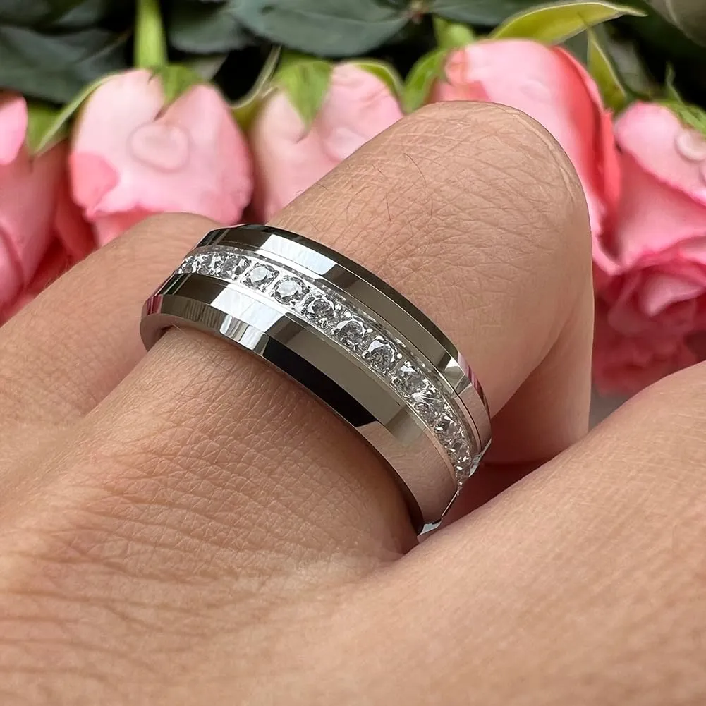 8mm Silver/Black/Gold Tungsten Rings for Men Women Couple Eternity Anniversary Engagement Wedding Bands Fashion Jewelry CZ Stone Inlay Beveled Polished Shiny Comfort Fit