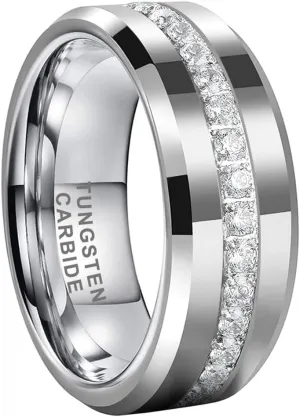 8mm Silver/Black/Gold Tungsten Rings for Men Women Couple Eternity Anniversary Engagement Wedding Bands Fashion Jewelry CZ Stone Inlay Beveled Polished Shiny Comfort Fit