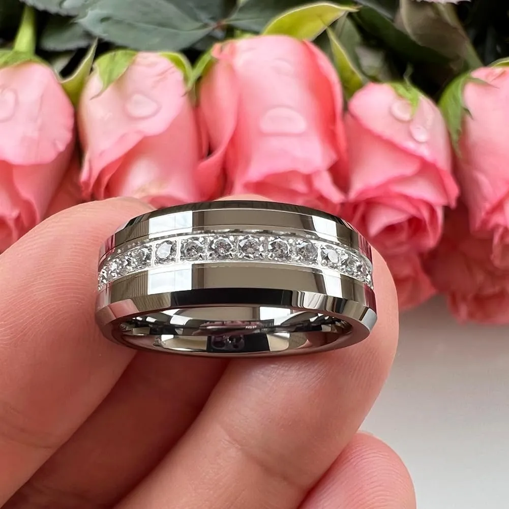 8mm Silver/Black/Gold Tungsten Rings for Men Women Couple Eternity Anniversary Engagement Wedding Bands Fashion Jewelry CZ Stone Inlay Beveled Polished Shiny Comfort Fit