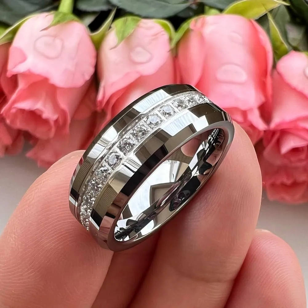 8mm Silver/Black/Gold Tungsten Rings for Men Women Couple Eternity Anniversary Engagement Wedding Bands Fashion Jewelry CZ Stone Inlay Beveled Polished Shiny Comfort Fit