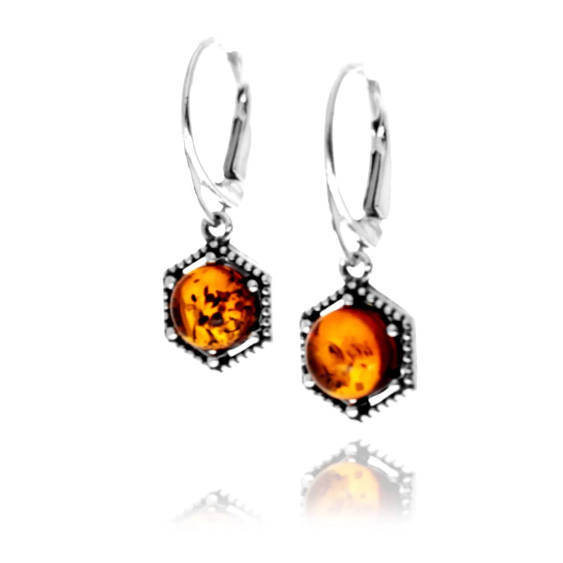 925 Sterling Silver & Genuine Baltic Amber Classic Drop Dangle Earrings - 8543