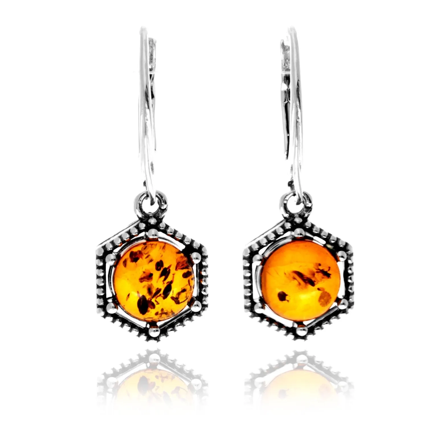 925 Sterling Silver & Genuine Baltic Amber Classic Drop Dangle Earrings - 8543