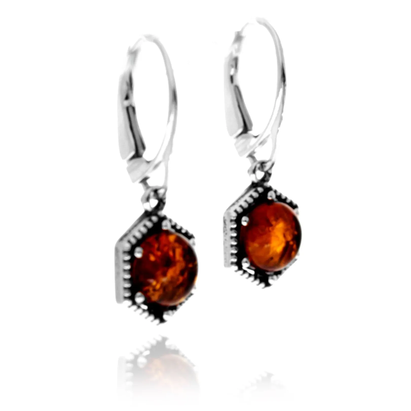 925 Sterling Silver & Genuine Baltic Amber Classic Drop Dangle Earrings - 8543