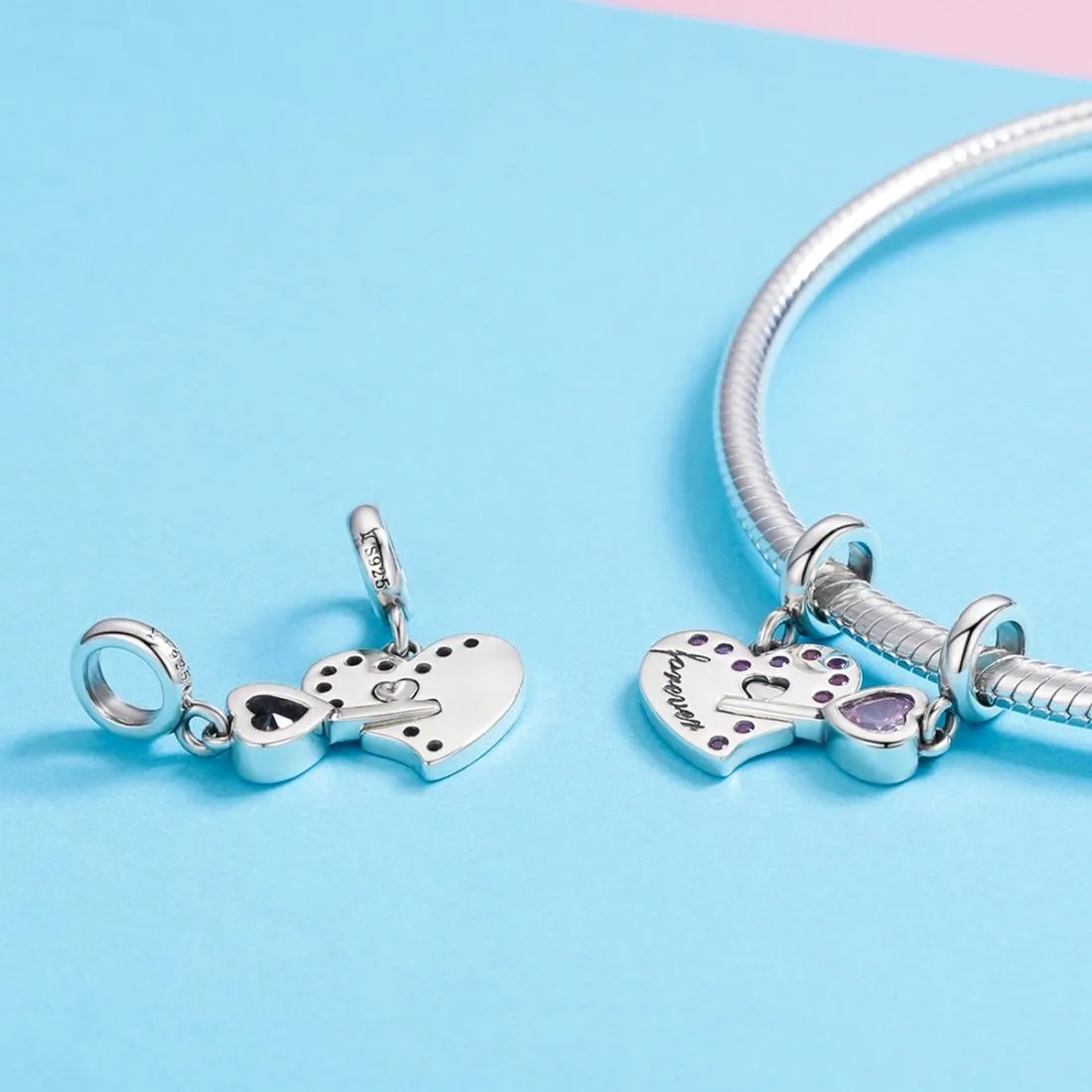 925 Sterling Silver Diamond Heart Spoon Bracelet