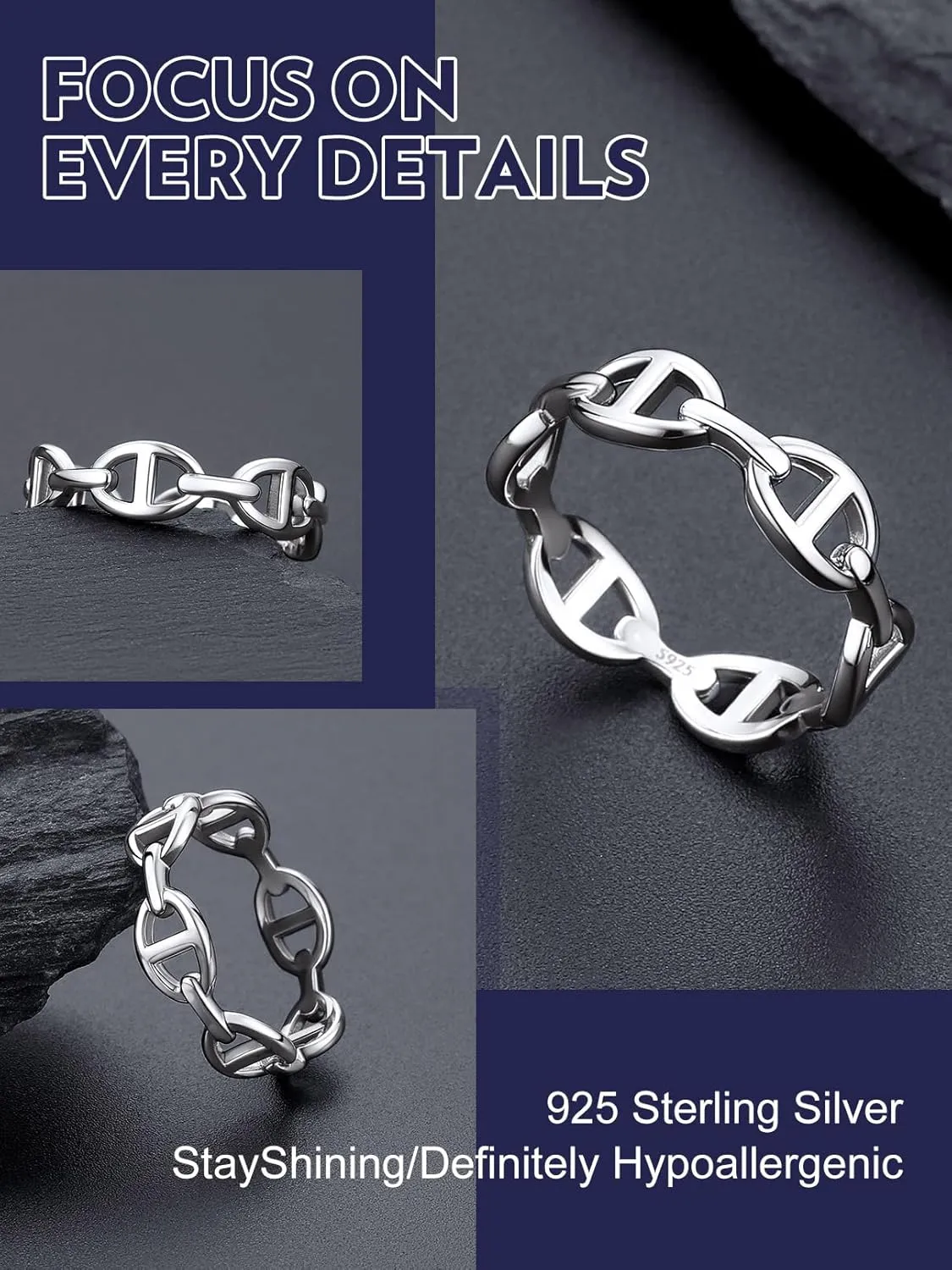 Bandmax Sterling Silver Rings for Men Women 5MM Wide Chunky Band Ring Classic Minimalist 925 Silver Rings Pinky Ring Cocktail Ring Wedding Ring