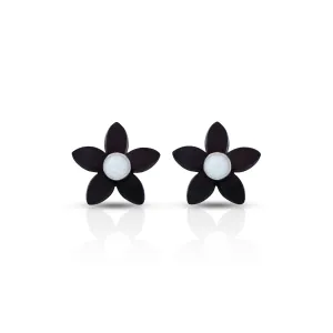 Black Flower Stud Silver Earrings with Pearl Center