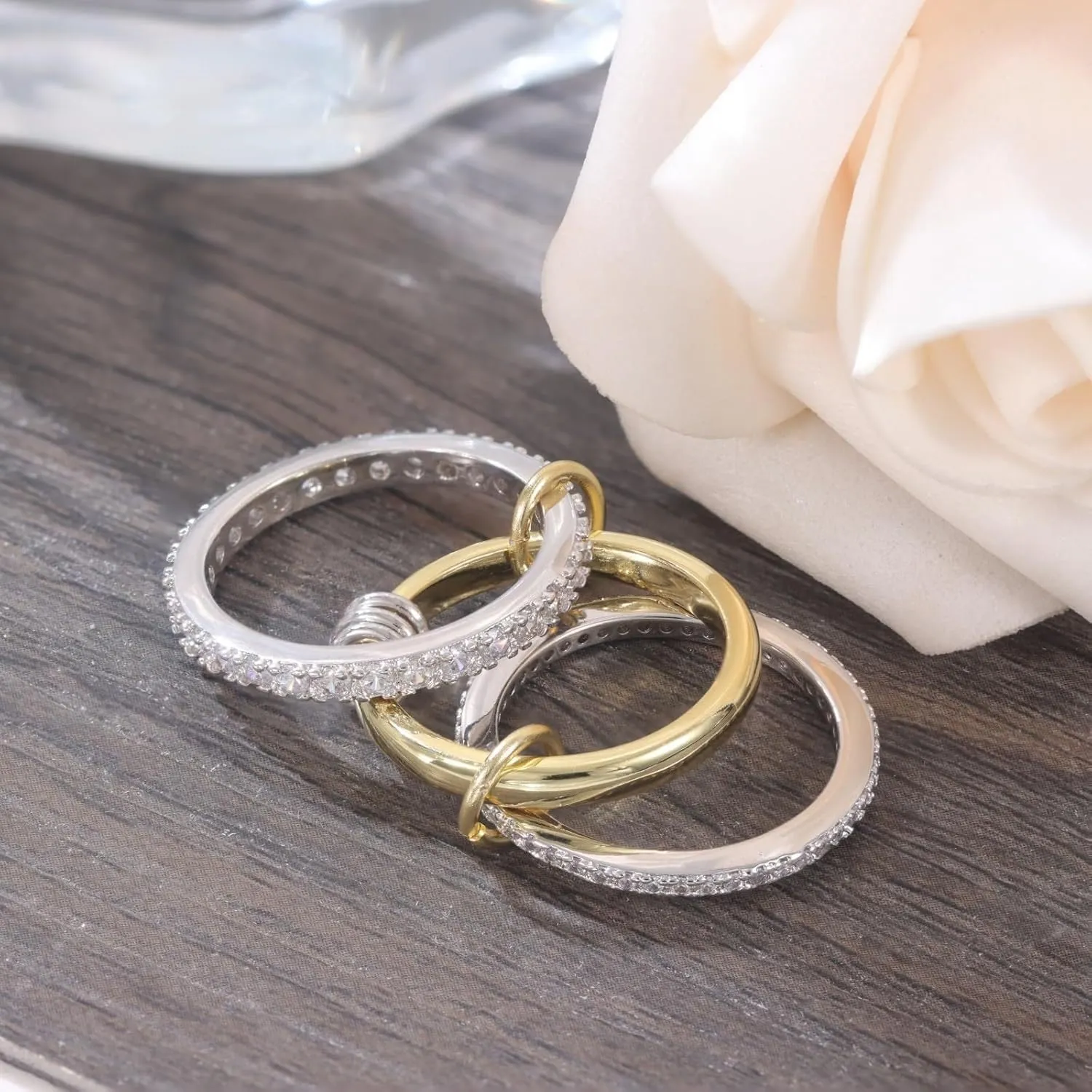 Chunky Stackable Cubic Zirconia Rings For Women, 18k Gold Plated 3 Rings Set Multi-Link Connected Non Tarnish Gift Jewelry