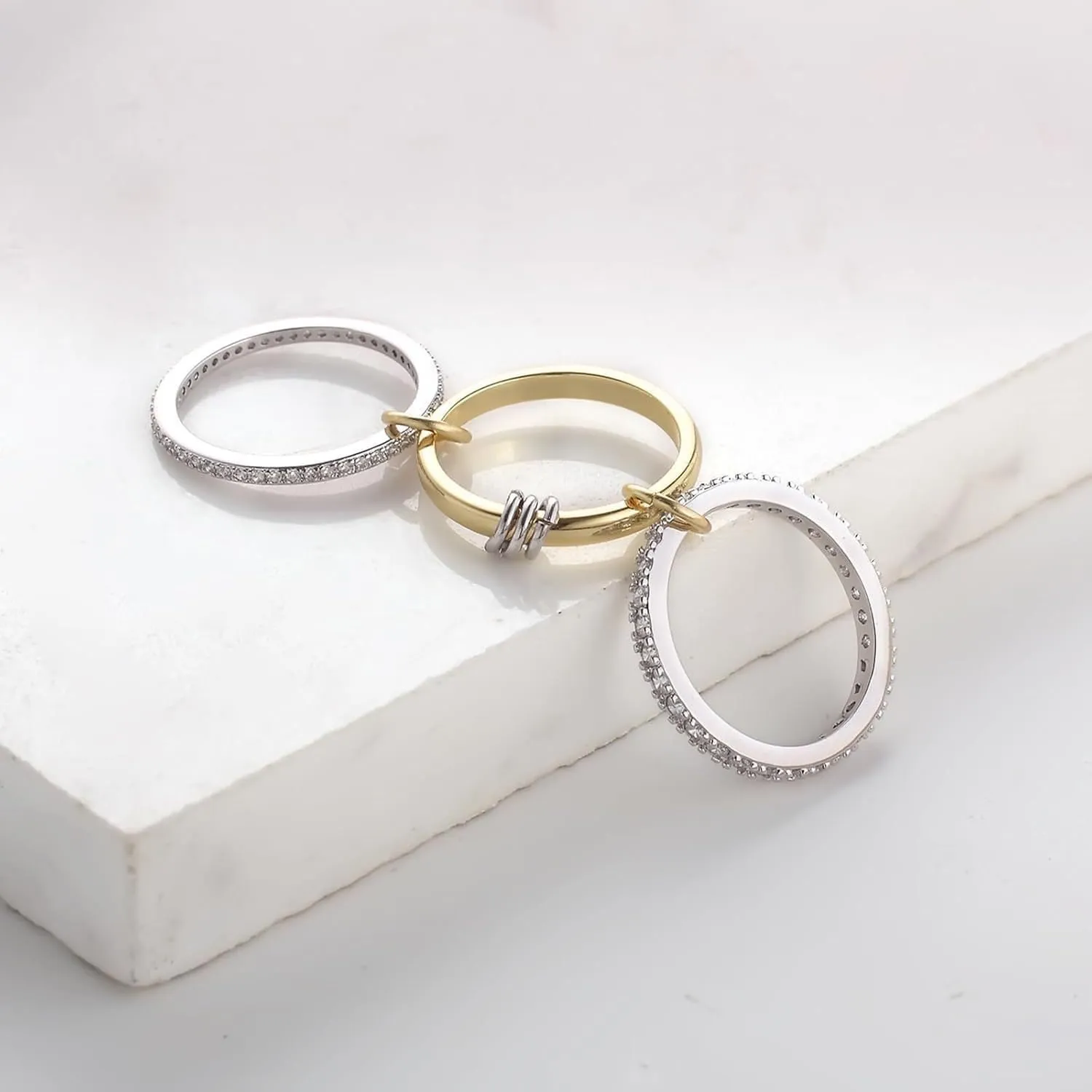 Chunky Stackable Cubic Zirconia Rings For Women, 18k Gold Plated 3 Rings Set Multi-Link Connected Non Tarnish Gift Jewelry