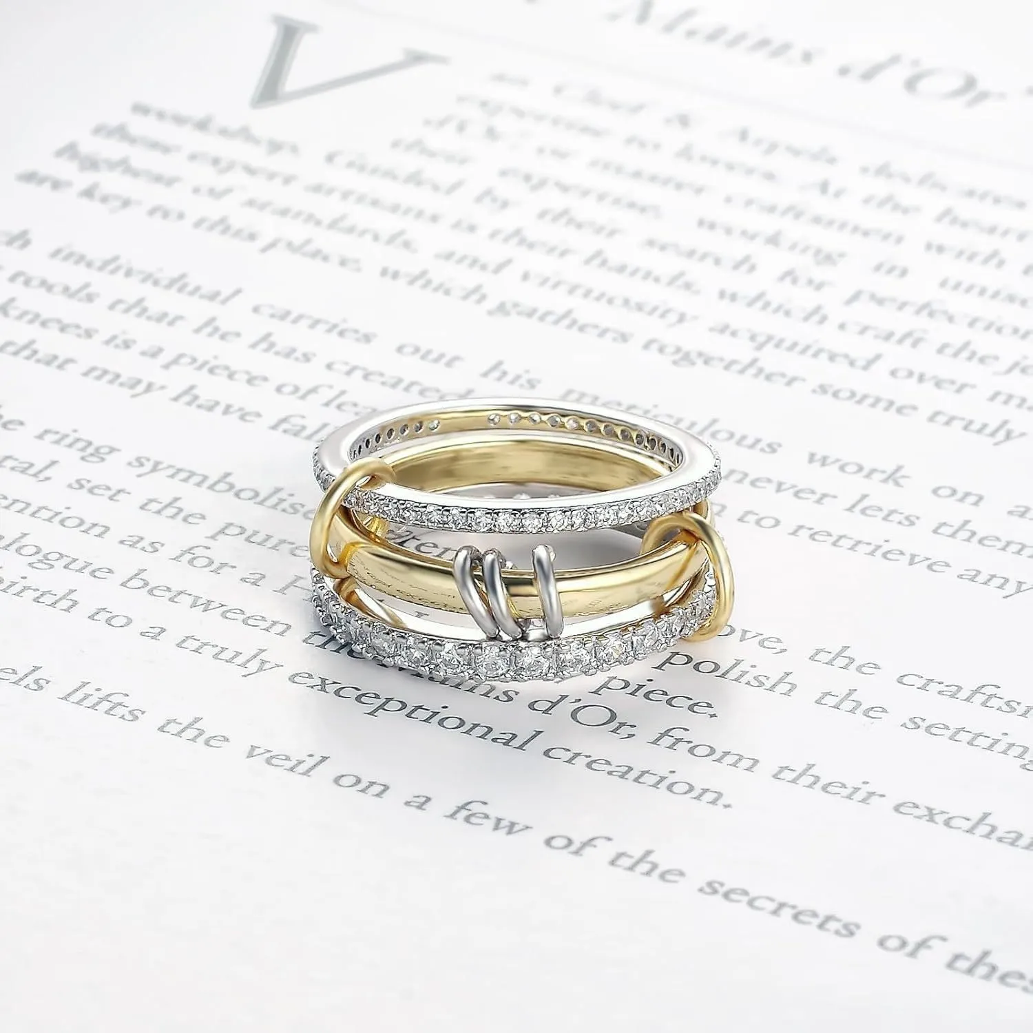 Chunky Stackable Cubic Zirconia Rings For Women, 18k Gold Plated 3 Rings Set Multi-Link Connected Non Tarnish Gift Jewelry