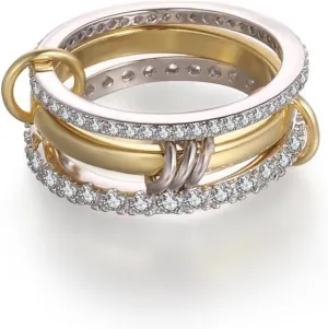 Chunky Stackable Cubic Zirconia Rings For Women, 18k Gold Plated 3 Rings Set Multi-Link Connected Non Tarnish Gift Jewelry