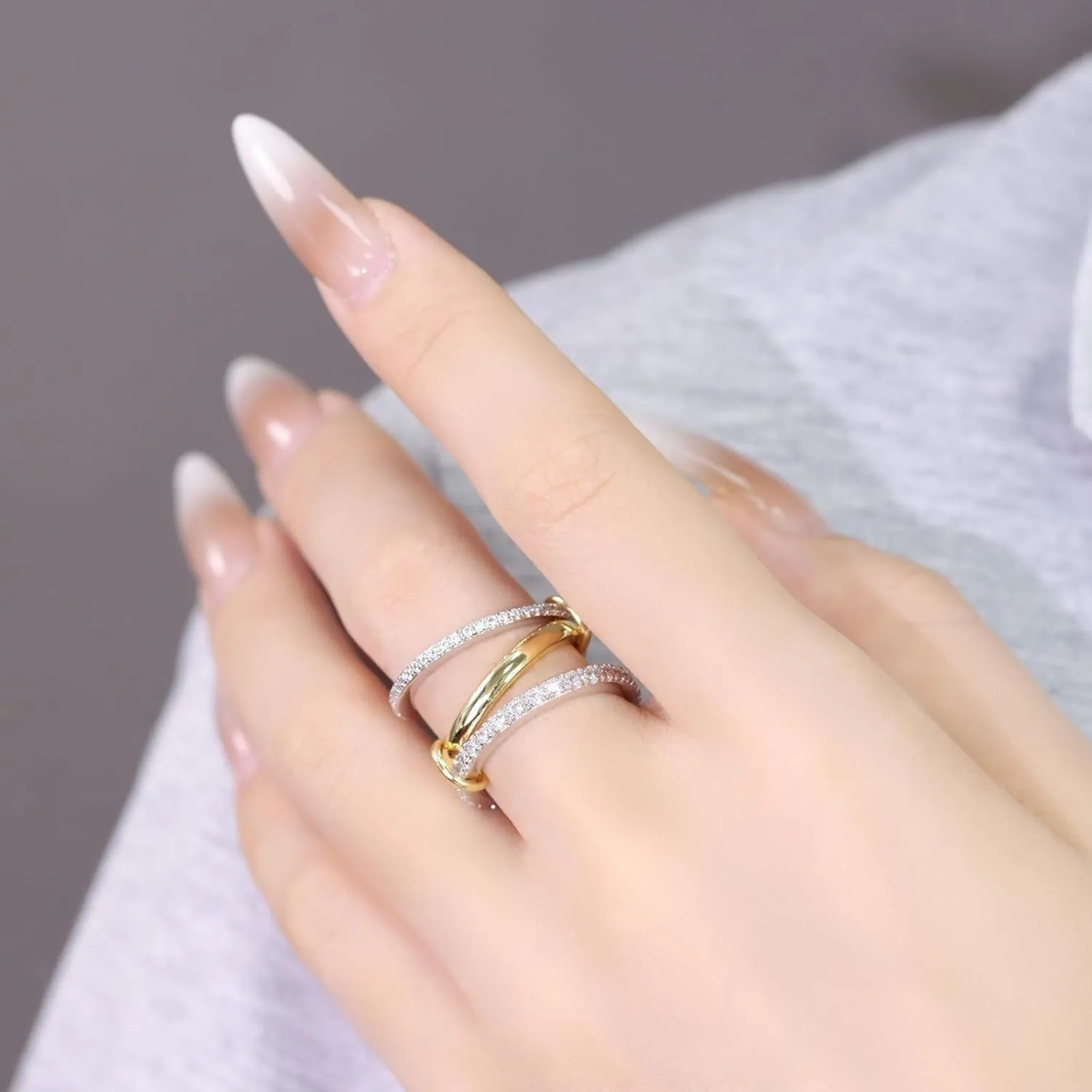 Chunky Stackable Cubic Zirconia Rings For Women, 18k Gold Plated 3 Rings Set Multi-Link Connected Non Tarnish Gift Jewelry