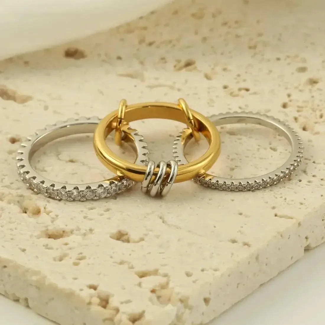Chunky Stackable Cubic Zirconia Rings For Women, 18k Gold Plated 3 Rings Set Multi-Link Connected Non Tarnish Gift Jewelry