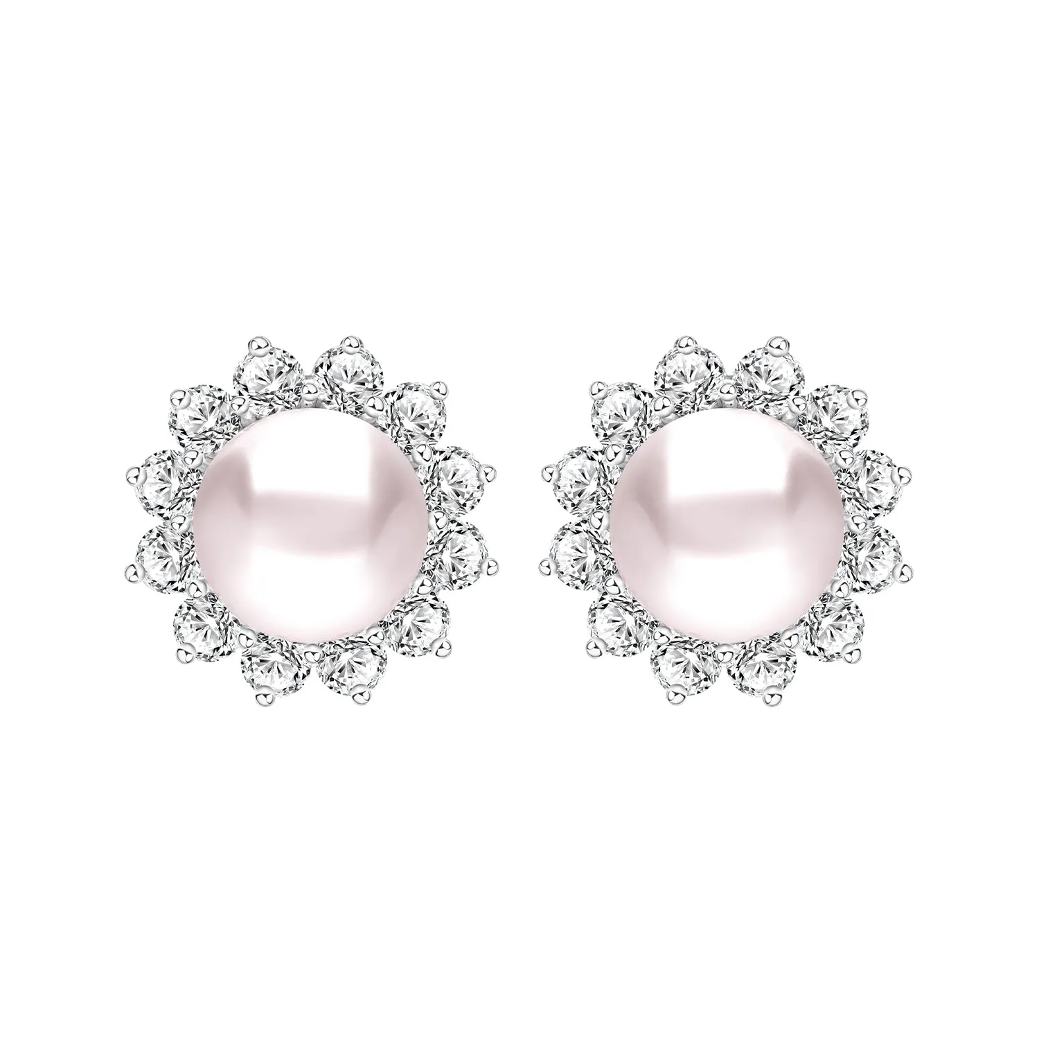Classic Pearl: Silver rhodium plated 7 mm freshwater pearl with CZ floral halo stud earrings