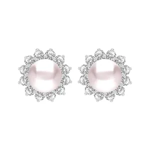 Classic Pearl: Silver rhodium plated 7 mm freshwater pearl with CZ floral halo stud earrings