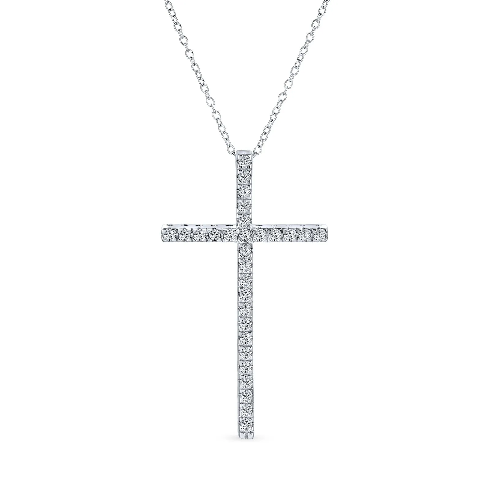 Cubic Zirconia Pave Cross Pendant Necklace in Sterling Silver with 1.75" Chain