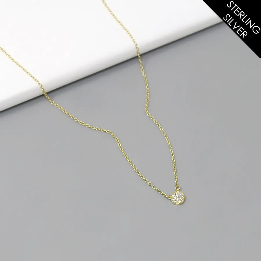 CZ Pave Disc Pendant Sterling Silver Short Necklace