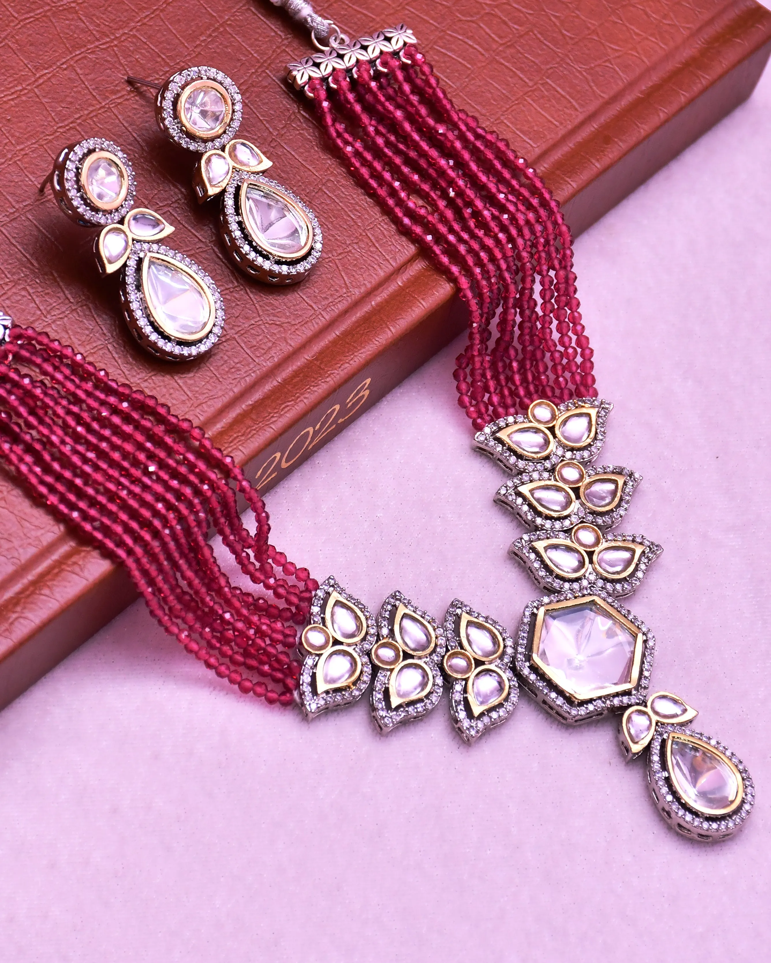 Designer Semi-Precious American Diamond & Ruby Color Beads Necklace with Earrings (D631)