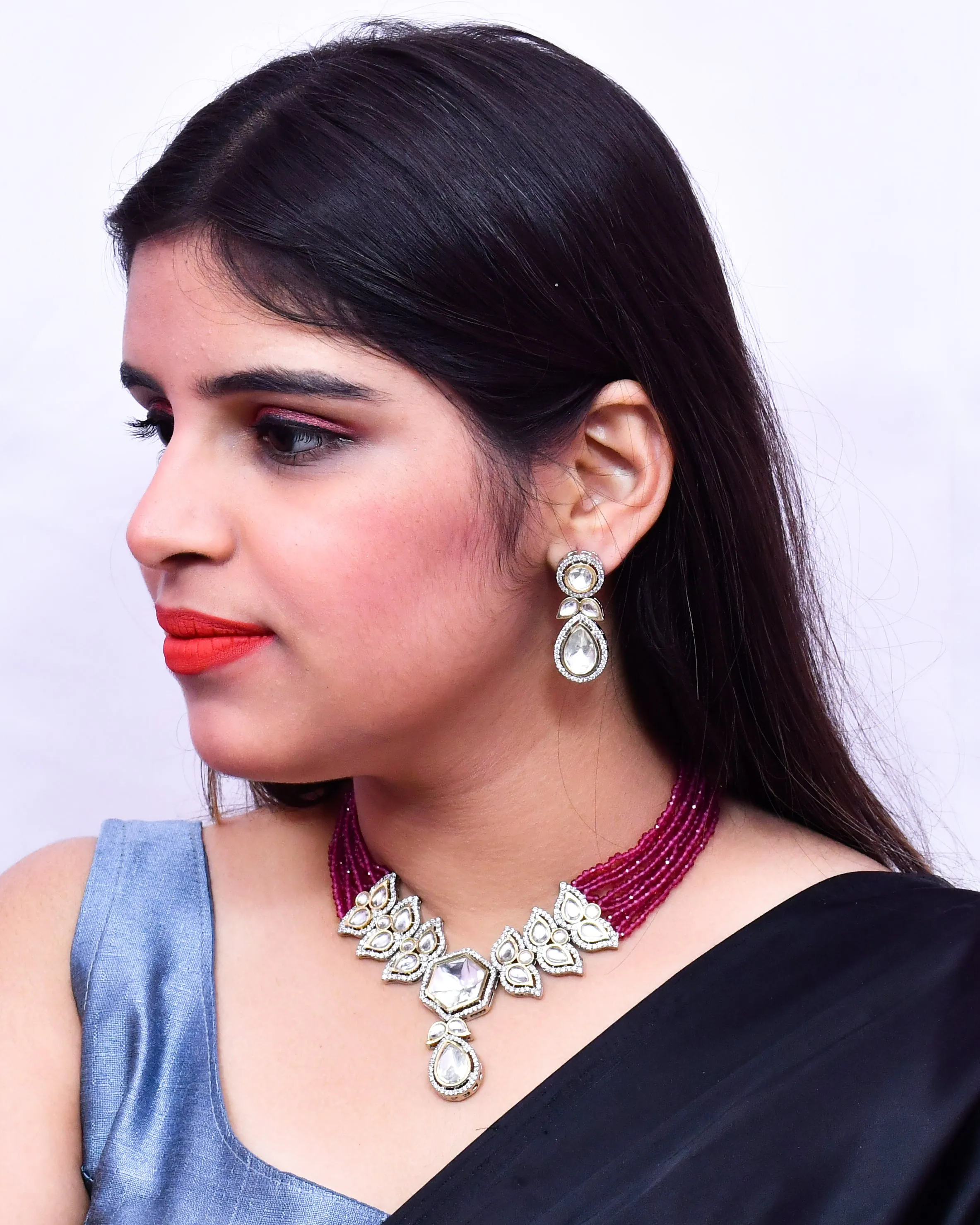 Designer Semi-Precious American Diamond & Ruby Color Beads Necklace with Earrings (D631)