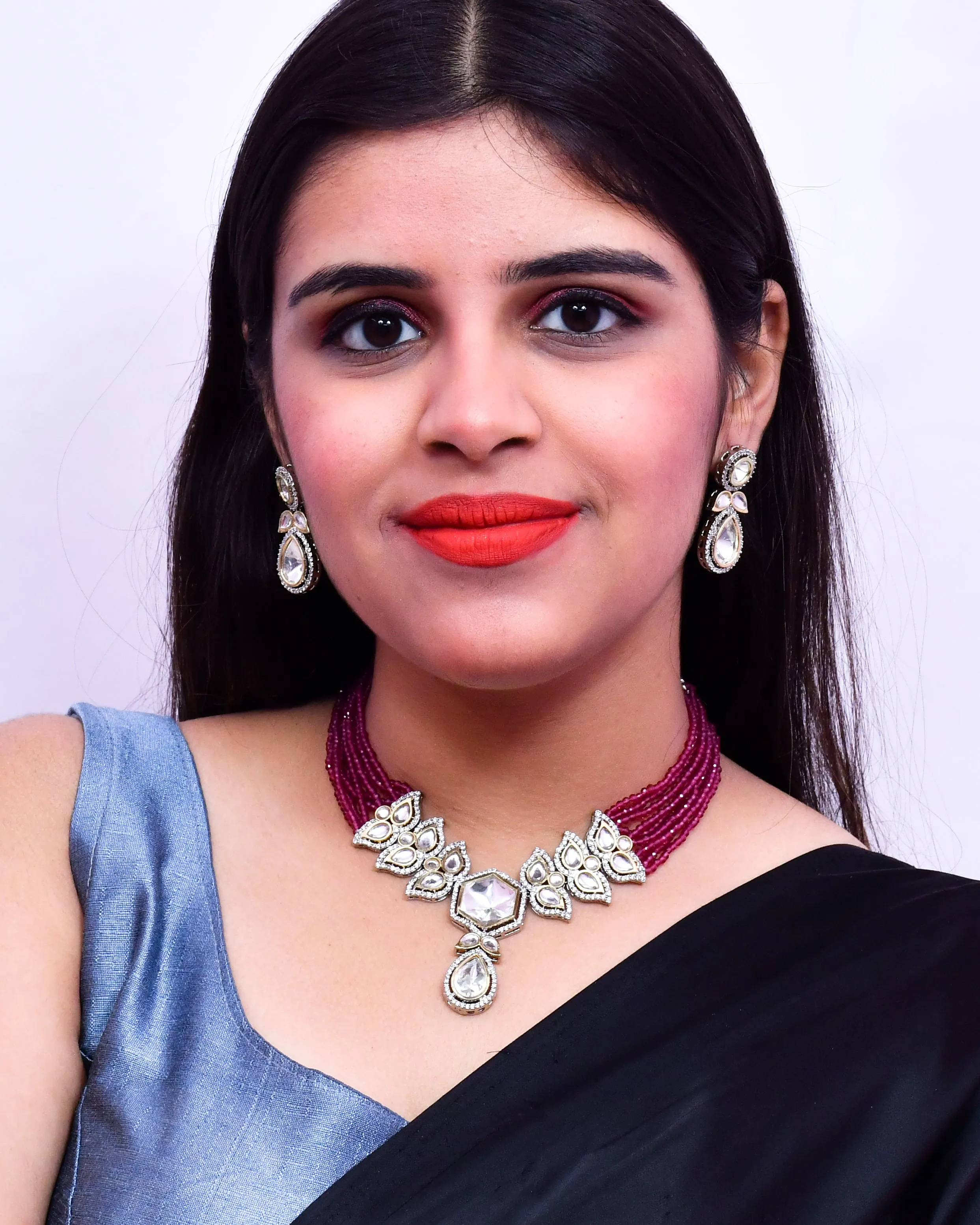 Designer Semi-Precious American Diamond & Ruby Color Beads Necklace with Earrings (D631)
