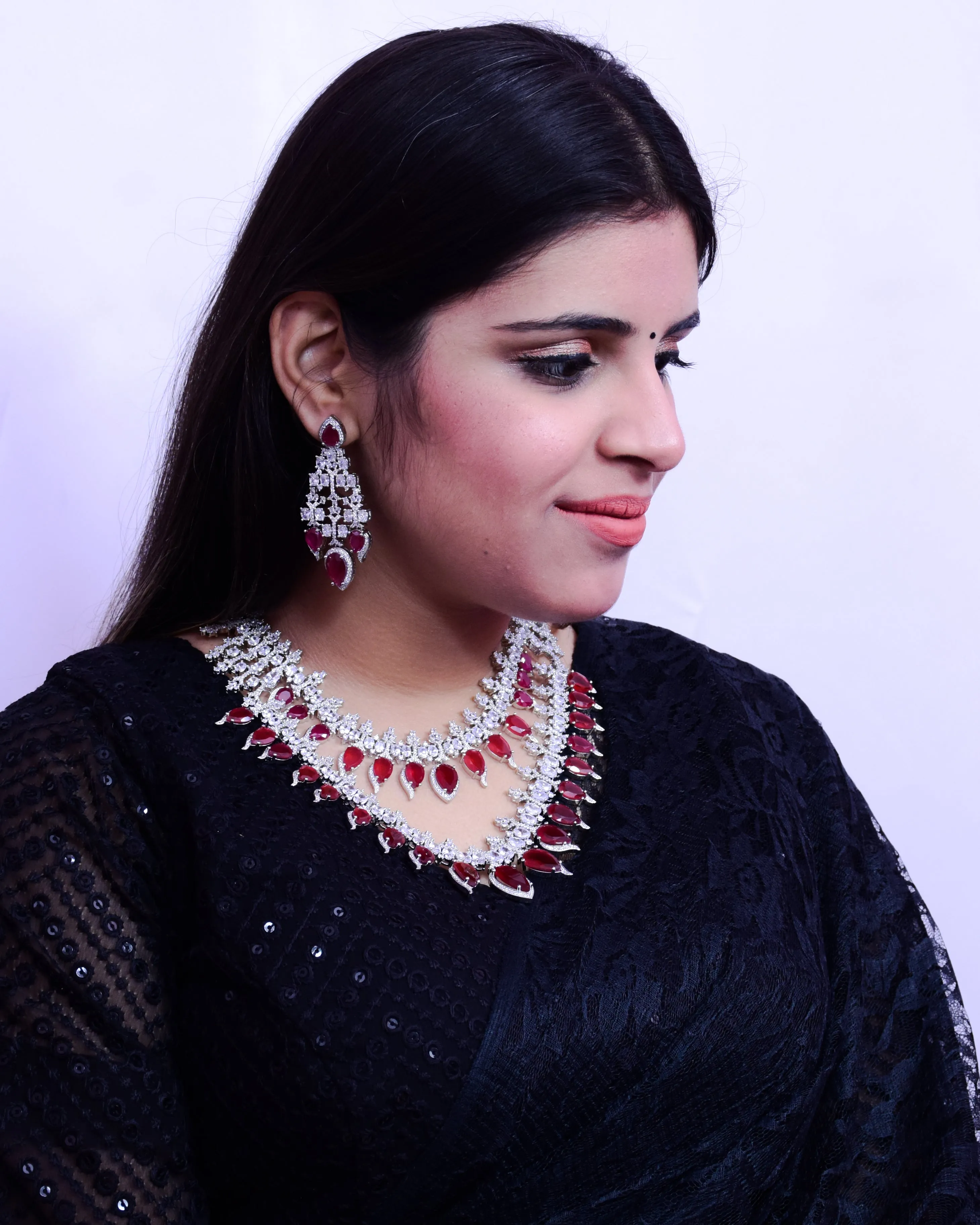 Designer Semi-Precious American Diamond Necklace, Earrings With Ruby Stone (D690)