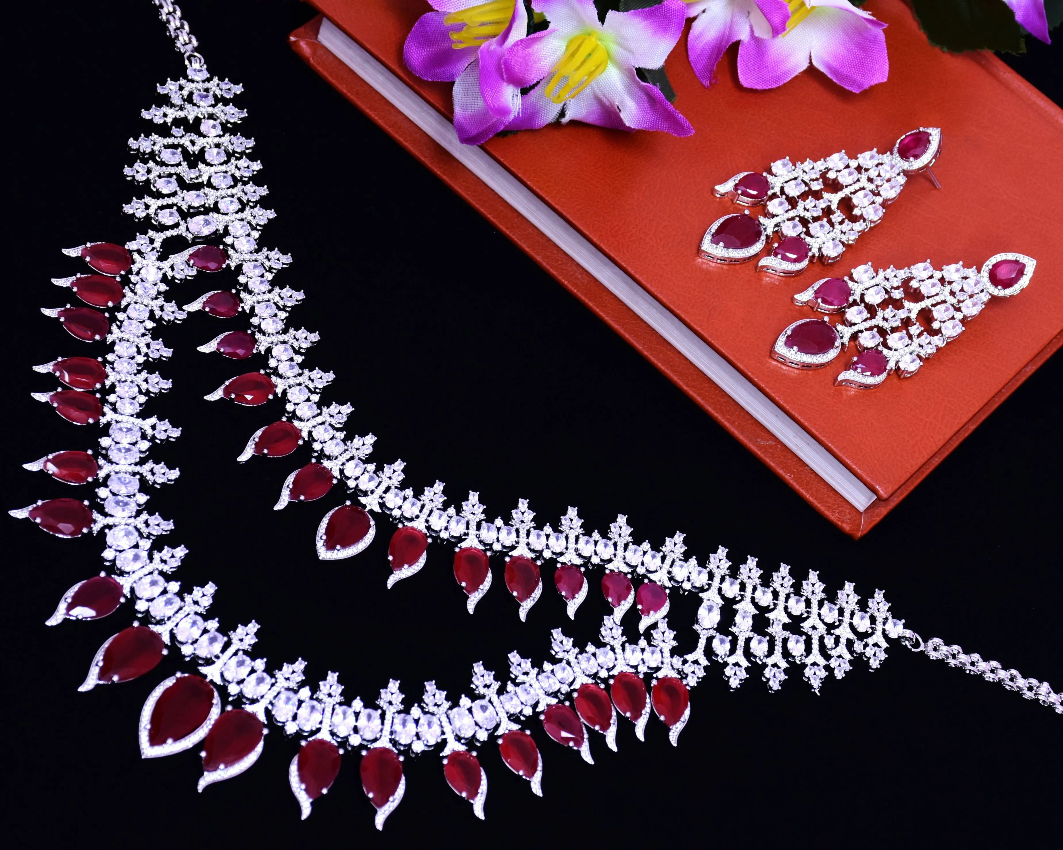 Designer Semi-Precious American Diamond Necklace, Earrings With Ruby Stone (D690)
