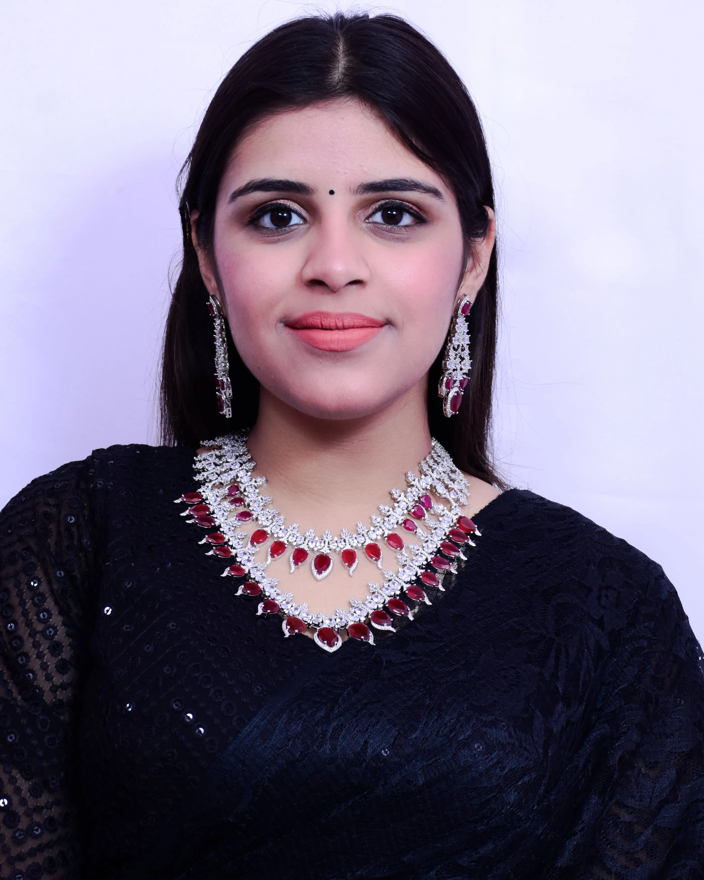 Designer Semi-Precious American Diamond Necklace, Earrings With Ruby Stone (D690)