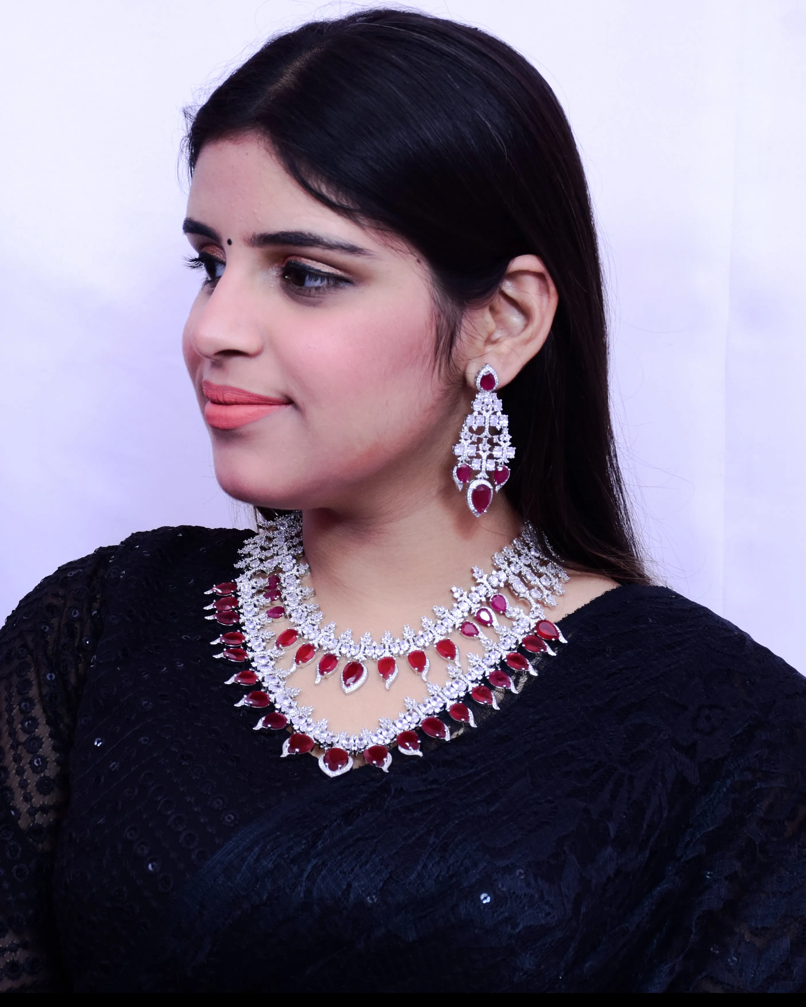 Designer Semi-Precious American Diamond Necklace, Earrings With Ruby Stone (D690)