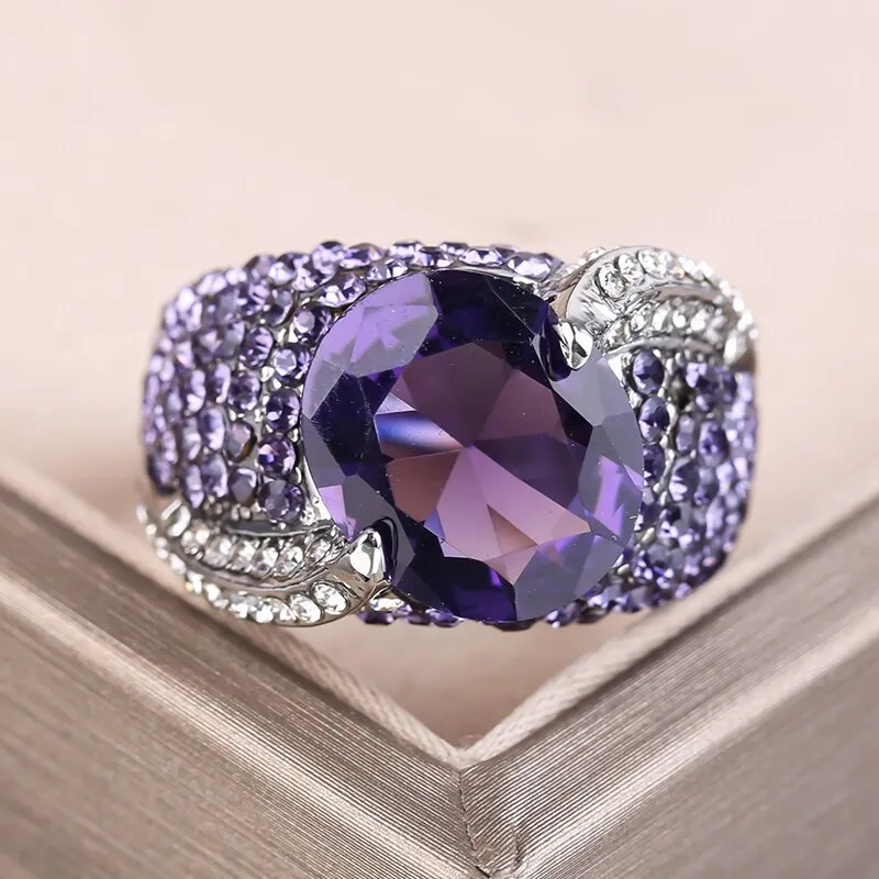 Elegant Large Round Purple Glass Filled Glass Filled Stone Rings for Women Female  Rhinestone Bridal Wedding Ring Jewelry