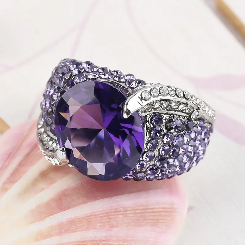 Elegant Large Round Purple Glass Filled Glass Filled Stone Rings for Women Female  Rhinestone Bridal Wedding Ring Jewelry
