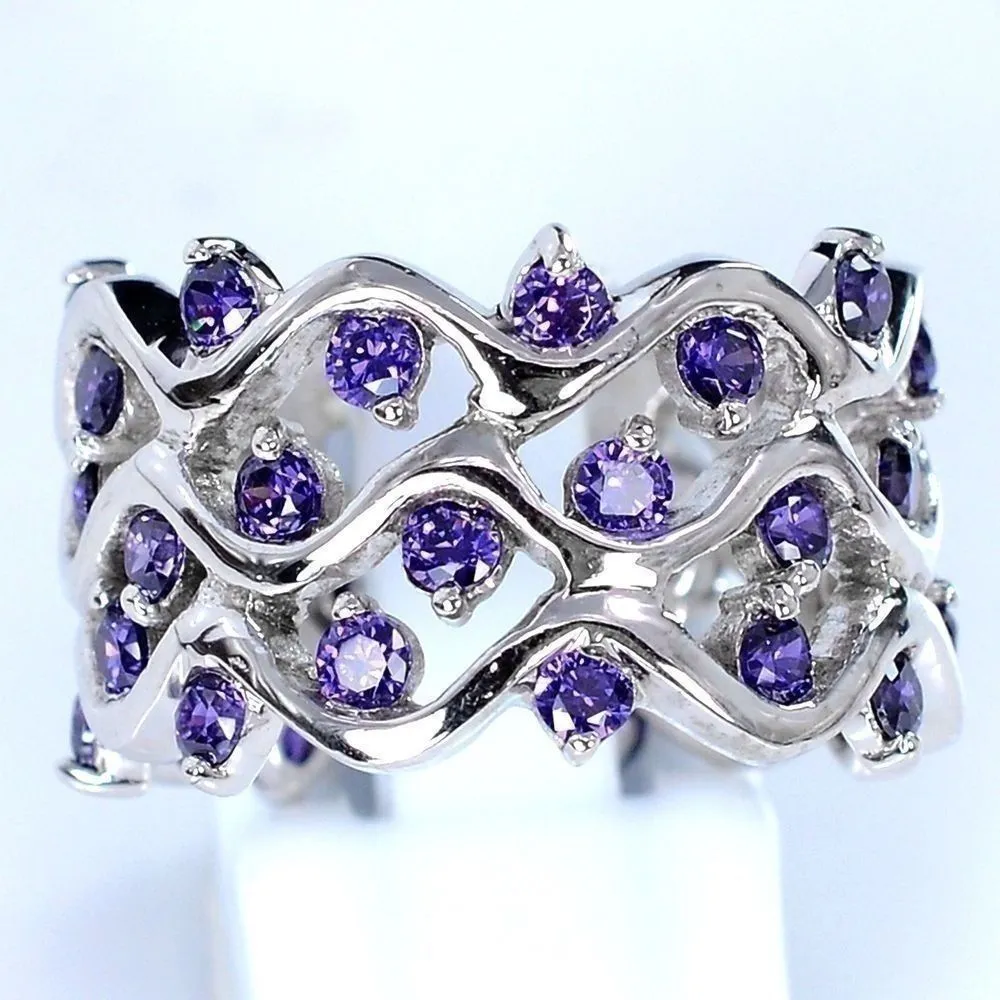 Elegant Large Round Purple Glass Filled Glass Filled Stone Rings for Women Female  Rhinestone Bridal Wedding Ring Jewelry