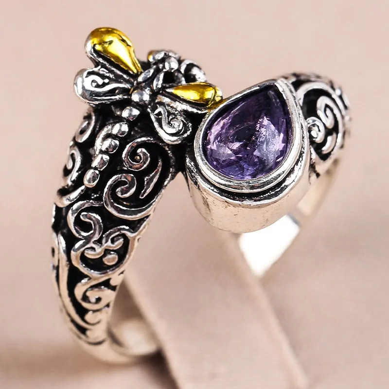 Elegant Large Round Purple Glass Filled Glass Filled Stone Rings for Women Female  Rhinestone Bridal Wedding Ring Jewelry