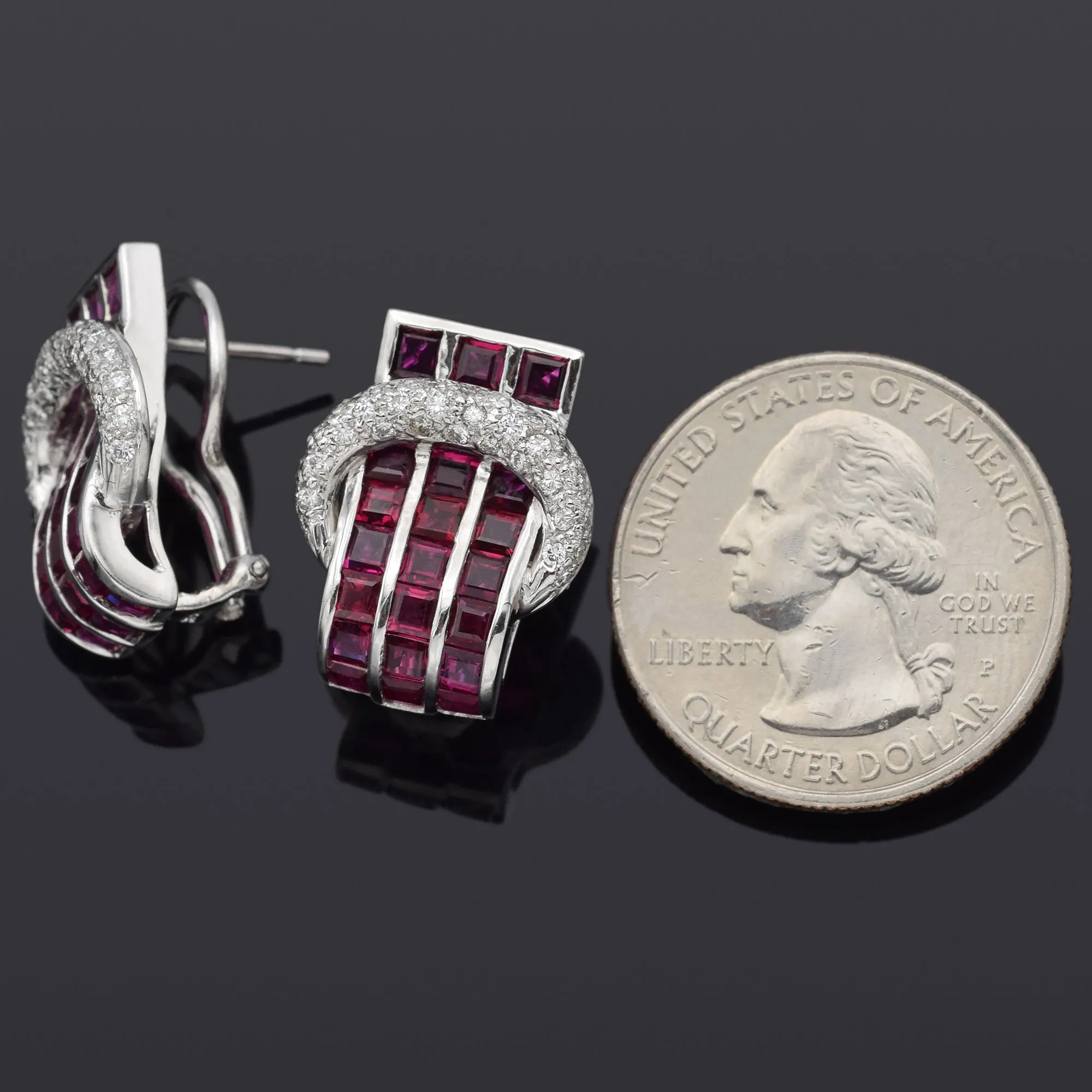 Estate 18K White Gold Ruby & 0.64 TCW Diamond Omega-Back Earrings